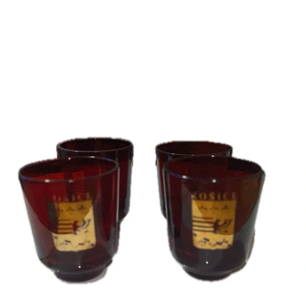 Košice miniature rocks glasses, red, quantity (4), one has a tiny chip on edge.